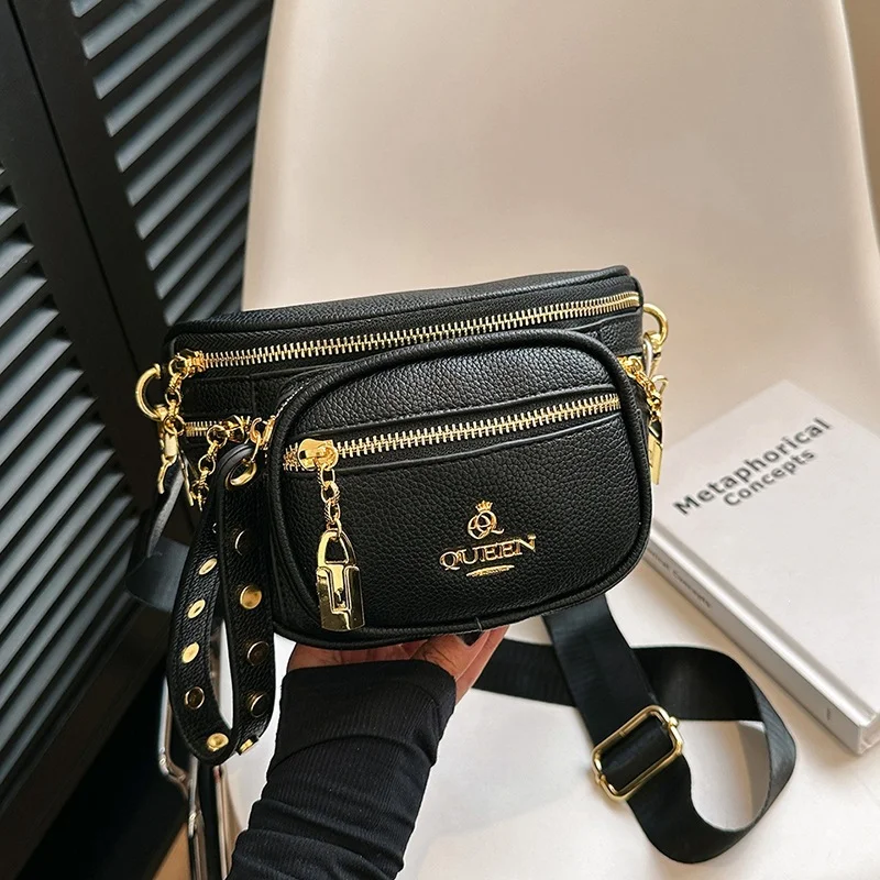 Women Luxury Waist Bag 2026 New Designer Black Pebbled Leather Fanny Pack Dual Zipper Gold Hardware Wide Strap Trendy Ladies Che