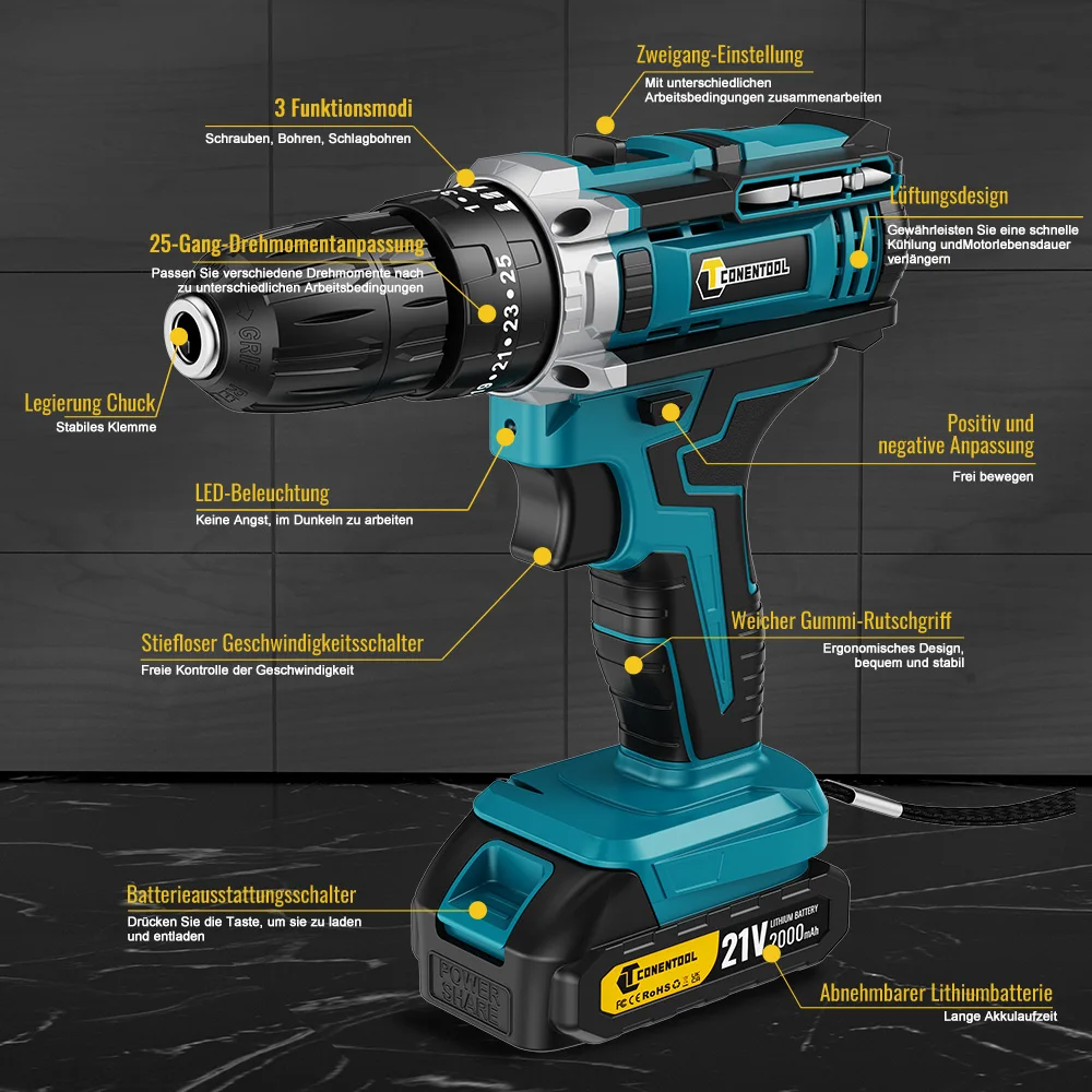 Akku-Bohrschrauber 21 V, Akku-Bohrhammer mit 2 Akkus 2000 mAh, 25+3 Drehmoment, 45 Nm elektrischer Bohrschrauber