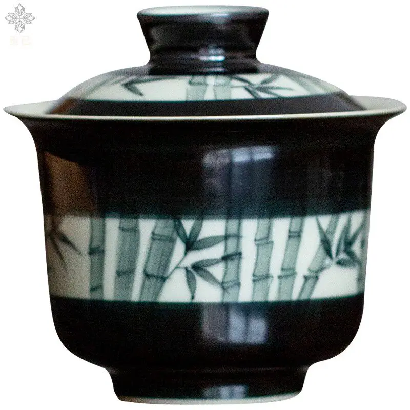 Hand Painted Black Bamboo Two Piece Gaiwan, Ceramic Lidded Tea Bowl for Personal Brewing, Guest Service and Relaxed Tea Sessions