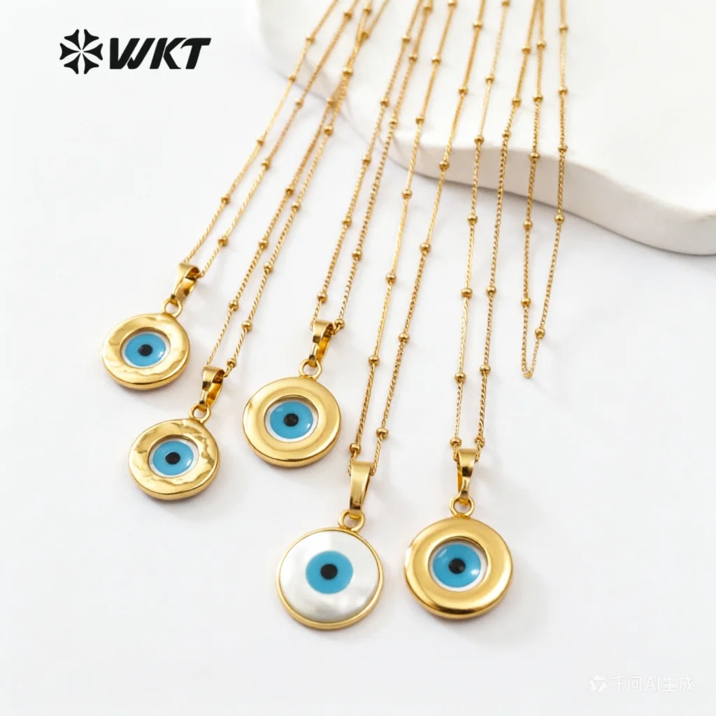WT-JN048 WKT Round Shape Evil Eye Pendant Natural White Shell With Gold Plated Necklace For Women Jewelry Gift Female Style