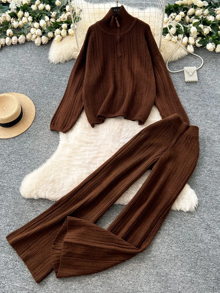 

Casual Loose Zip Mock Neck Long Sleeve Knit Sweater+Elastic Waist Pants 2-piece Set New Autumn/Winter Women Suit Thick Warm Sets