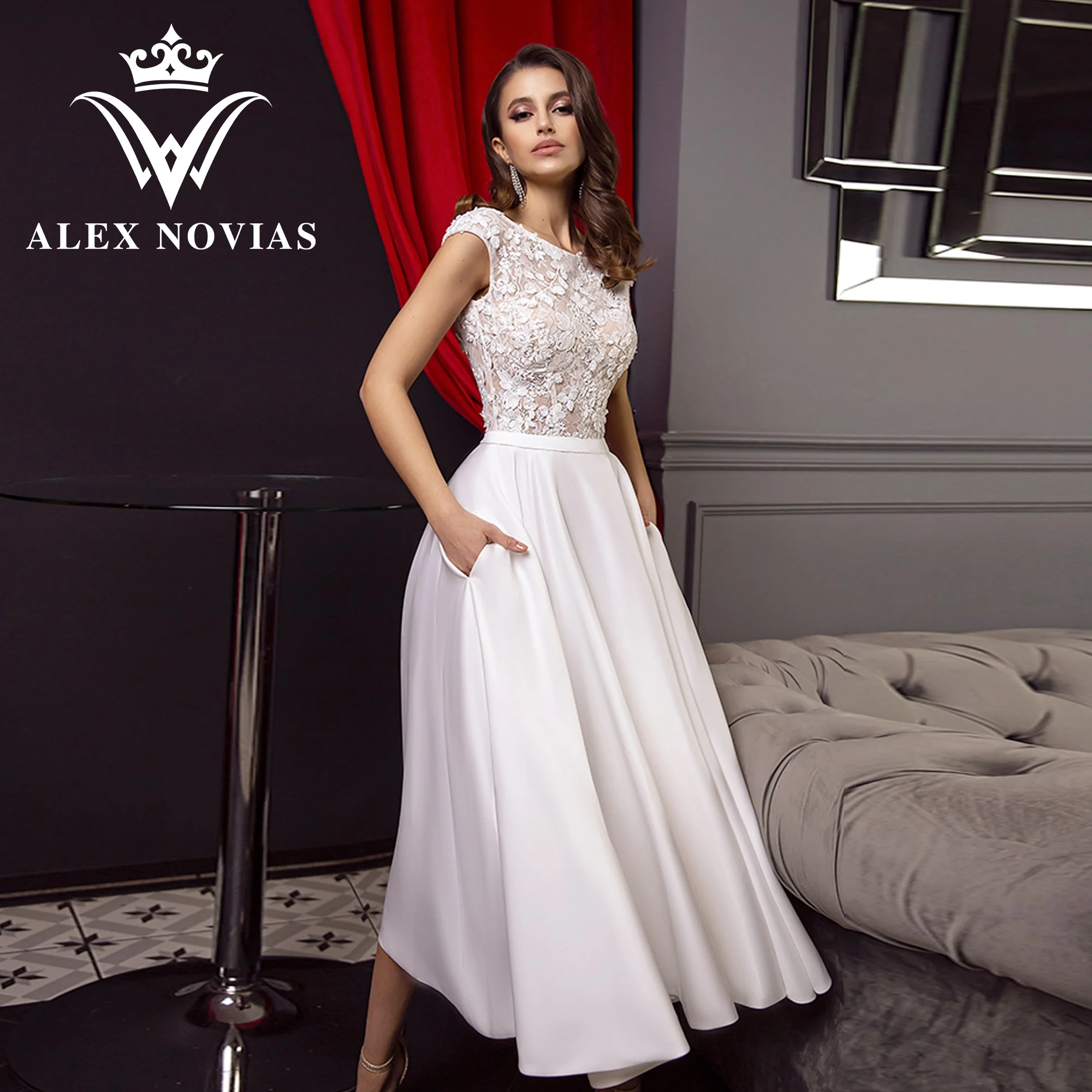 

ALEX NOVIAS A-Line Wedding Dress 2023 Sexy O-Neck Illusion Backless Pockets Mid-Calf Satin Wedding Gown Vestidos Novias De Saten