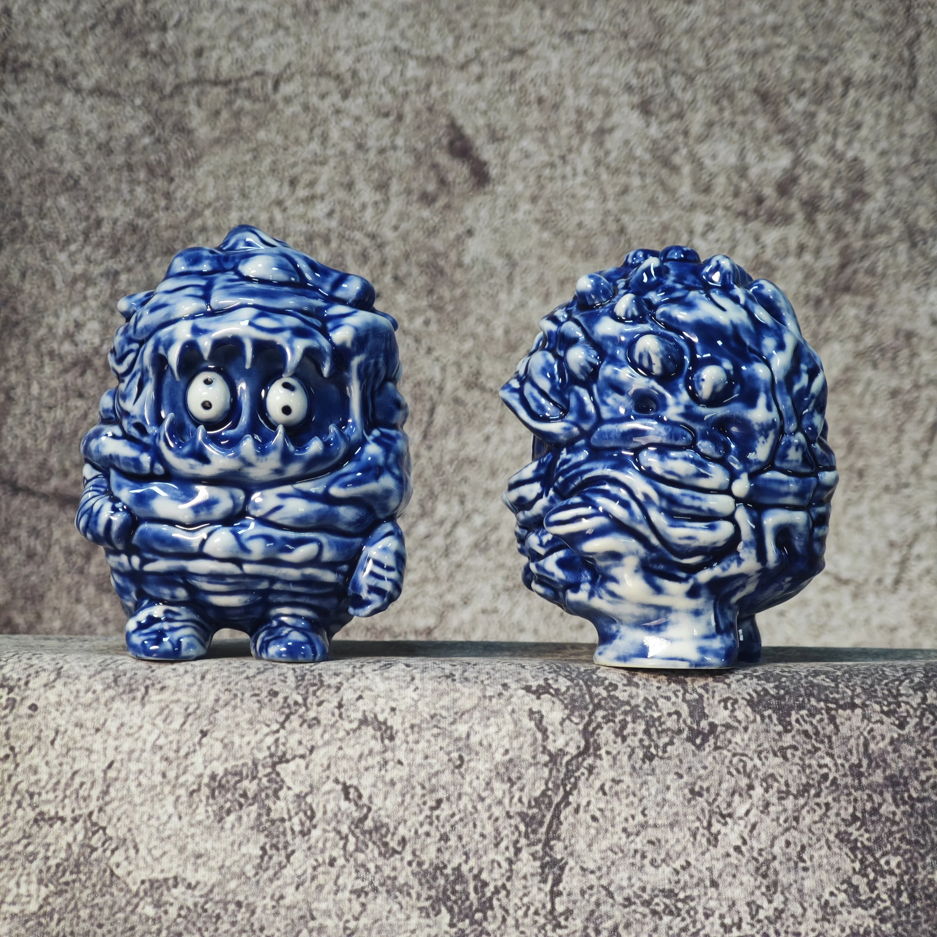 Textured Monster Blue and White Porcelain Figurine, Trendy Desktop Ornament for Green Plant Landscape, Creative Unique Home Deco