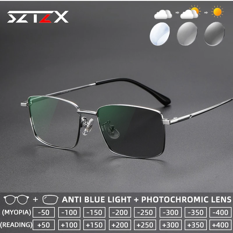 

SZTZX Business Titanium Versatile Photochromic Prescription Glasses Anti Blue Light Myopia Glasses Progressive Reading Eyewear