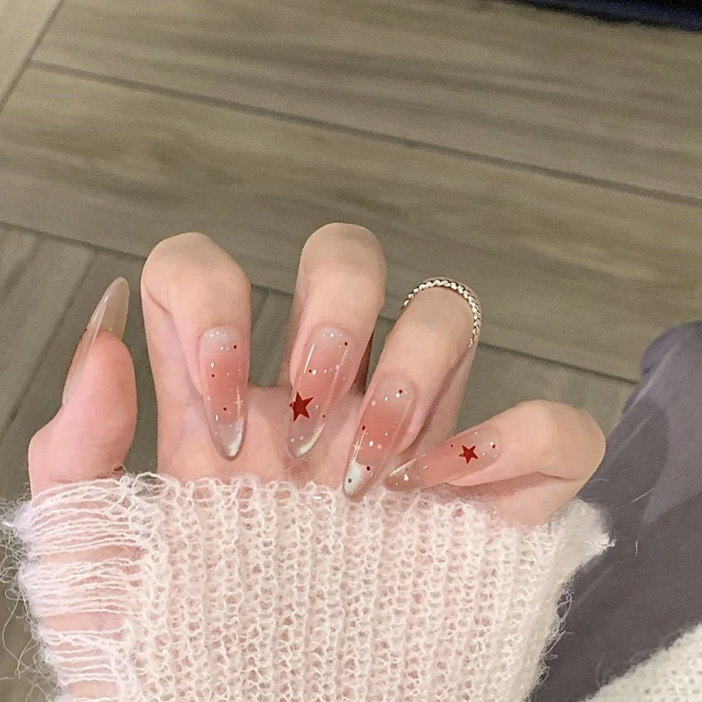 10pcs/bag Cat Magnetic Blush Effect Star French Check Pattern Handmade Press On Nails M/S Size Almond Full Cover False Nails