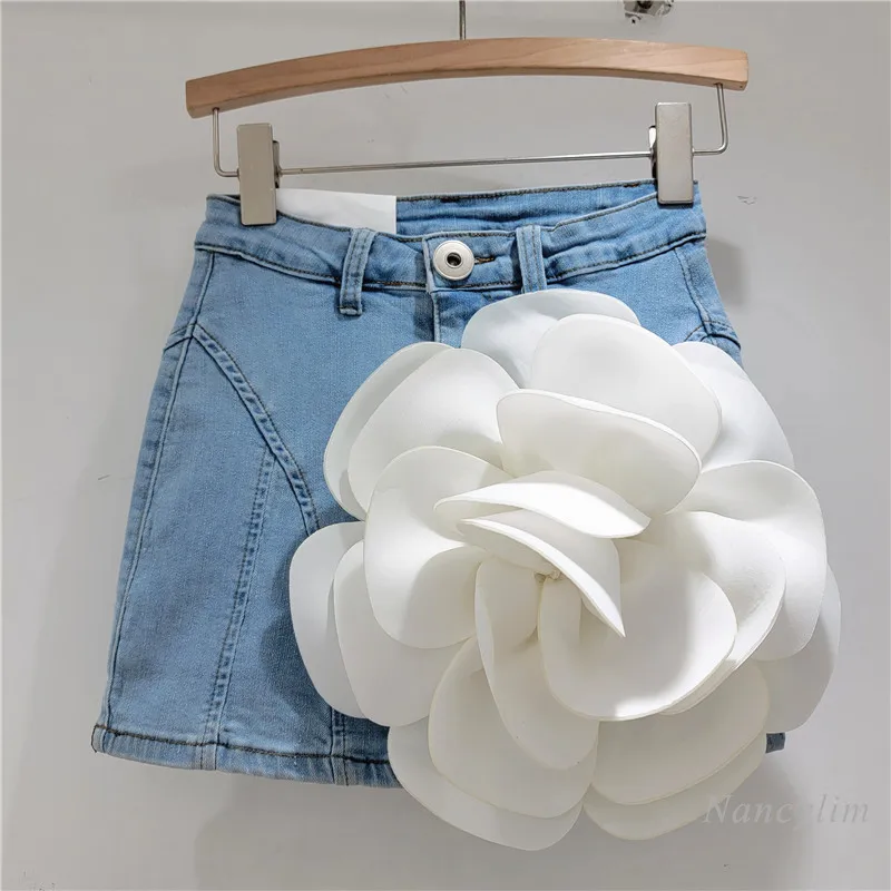 Three-Dimensional Large Flower Denim Skirt Women's 2024 Spring and Summer New Short Sheath Skirts Faldas Mujer Moda