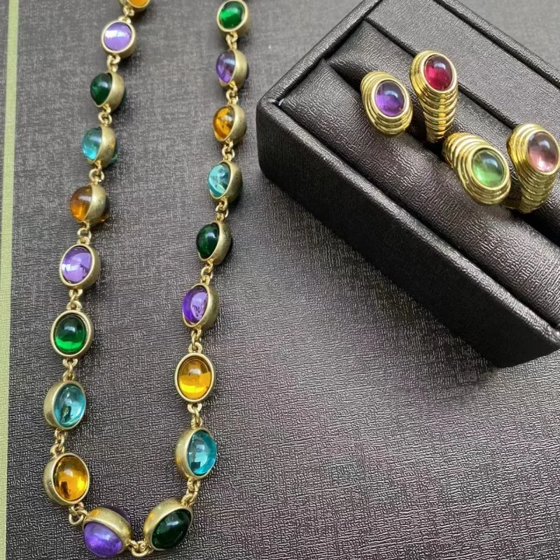 

Statement New in Middle Vintage Classic Colored Glass Necklace Bracelet Ring French Candy Color Casual Commuter Accessories Set