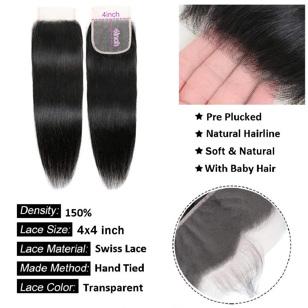 Straight 4x4 Lace Closure Transparent Swiss Lace Brazilian 100% Human Hair Extensions Natural Black Pre-Plucked With Baby Hair