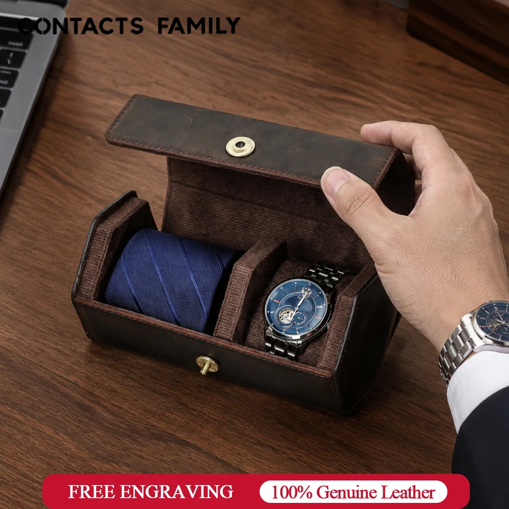 CONTACT'S FAMILY Genuine Leather Travel Watch Case Tie Storage Box Handmade Retro Portable Luxury Watch Holder