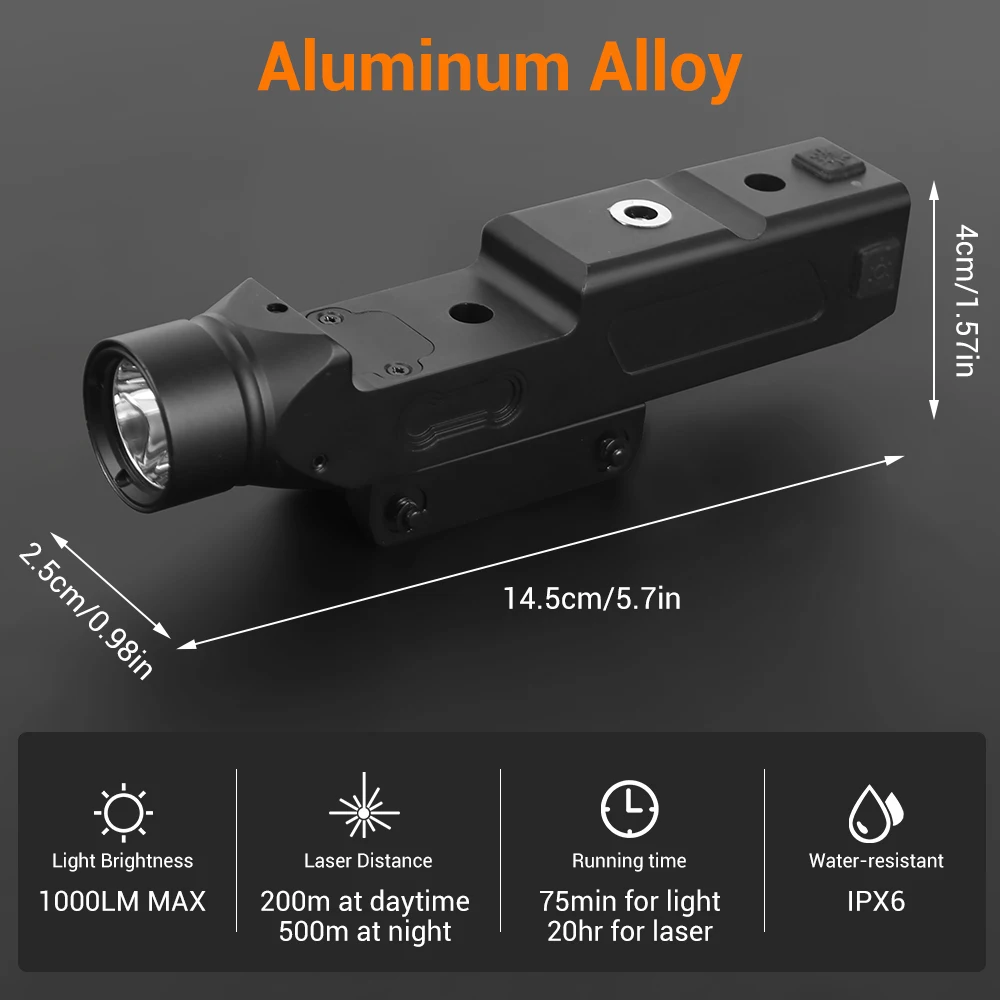 1000 Lumens Weapon Gun Light Red Laser Combo Magnetic Rechargeable Flashlight Rifle Gun Light for M-Lok Picatinny Rail Mount