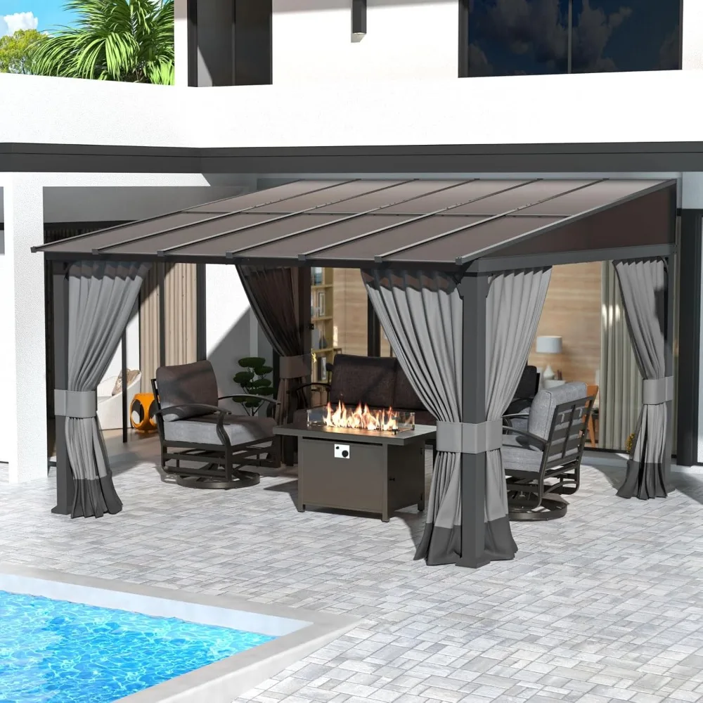 10' x 12' Outdoor Pergola Wall-Mounted Hardtop Lean to Gazebo with Sloped Roof and Double Curtains & Netting,Awnings for Patio