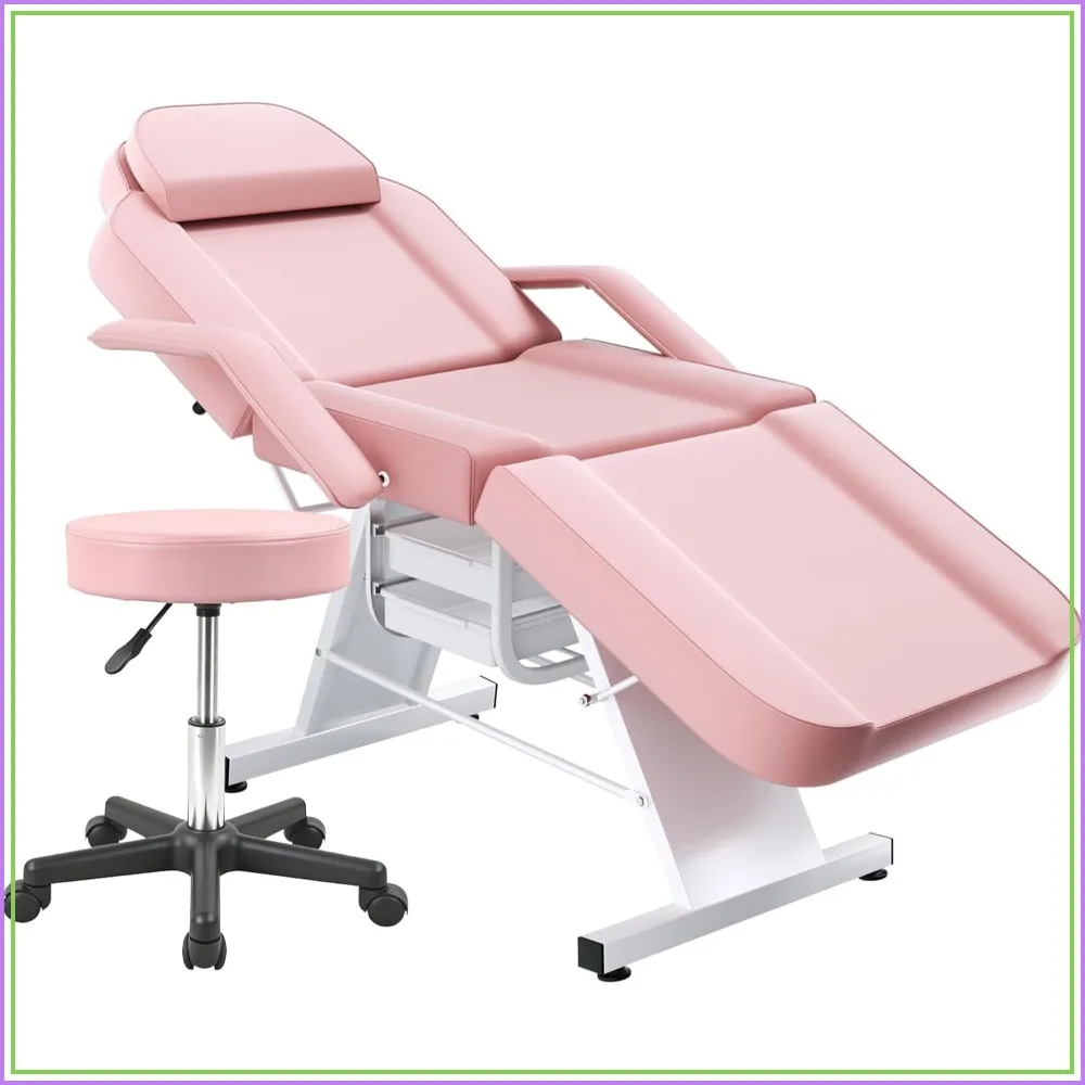 3-Section Tattoo Chair with Stool, Adjustable Facial Bed for Salon Spa, Light Pink