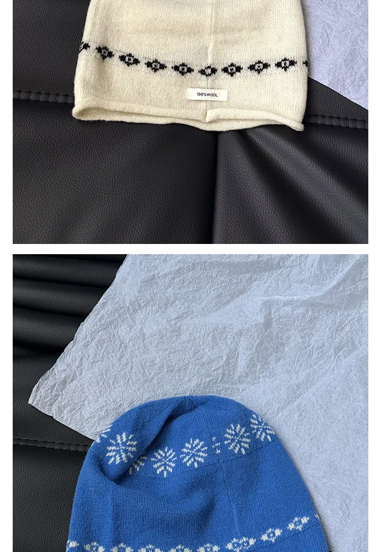 100% Wolle Fair-Isle Jacquard Strickmützen für Damen, Herbst-Winter Ohrenklappen-Mützen, Warme Vielseitige Slouchy Pullover-Mützen für Herren – Detail 8