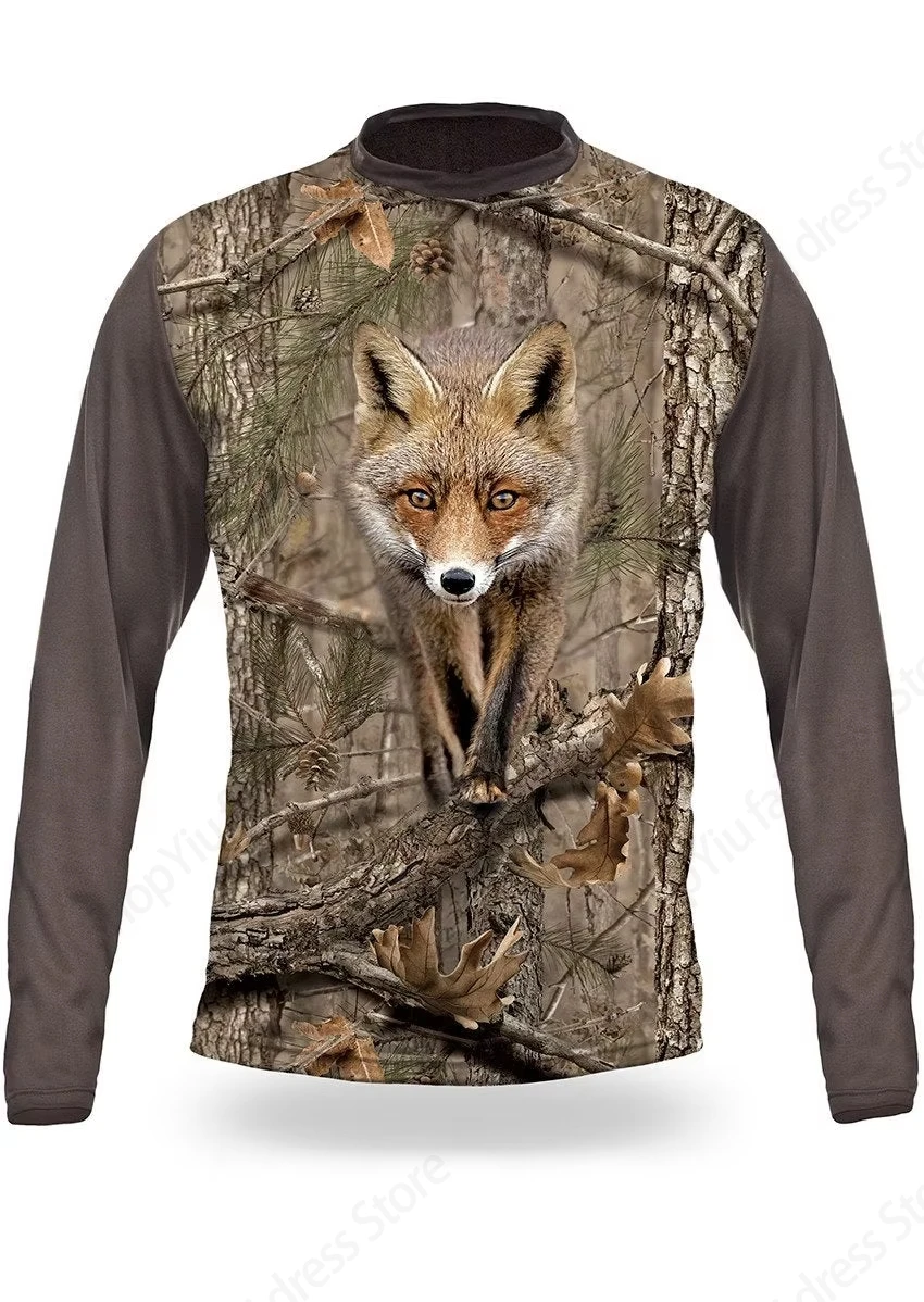 Mens Long Sleeve T-shirt 3D Hunting Animal Rabbit Elk Print T-shirts Outdoor Sports T Shirt Camp Tshirt Camouflage Tops Tees Gym