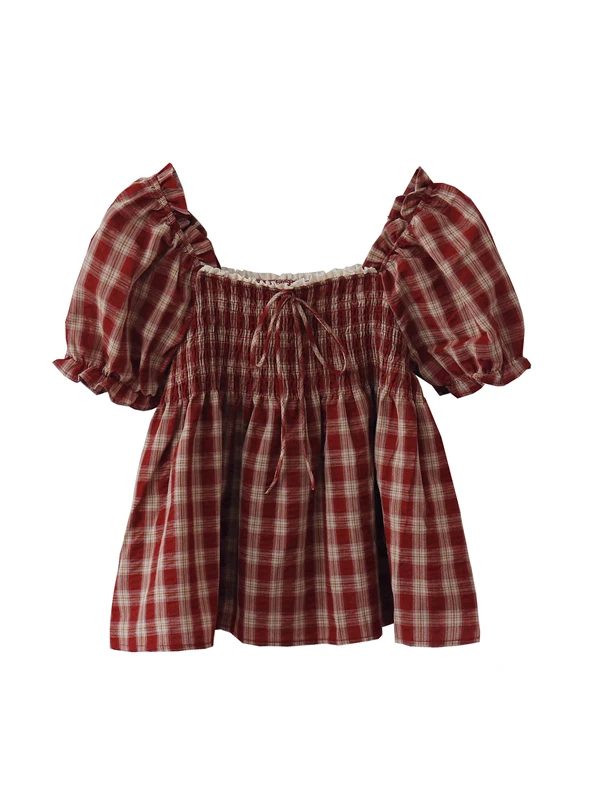 

2025 Summer French Shirt Retro Square Collar Sweet Bow Tie Puff Sleeve Plaid Fashion Trend Short-sleeved Shirt Top Aesthetic