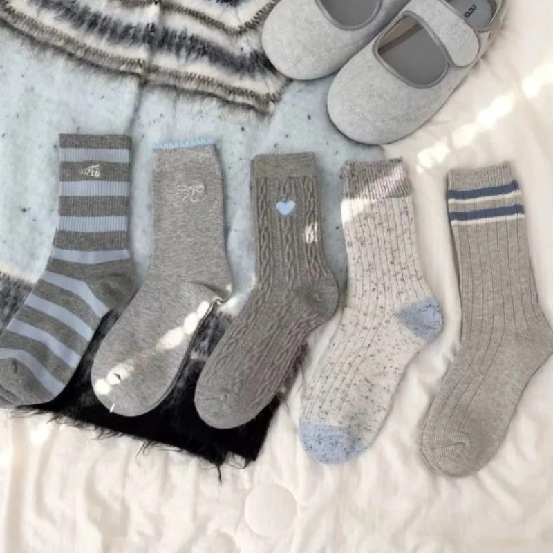 1/5 pair of spring autumn new socks gray versatile women's socks simple warm comfortable mid tube fashionable socks