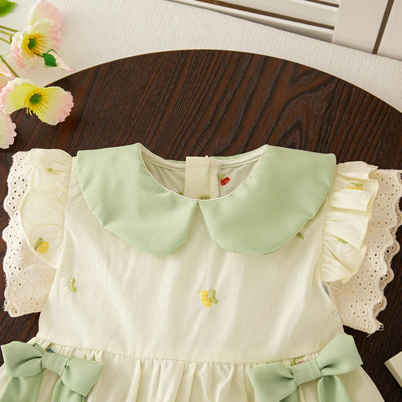 (0-4 Year Old Baby Girl Dress) Summer New Green Bow Children'S Floral Clothes image 3