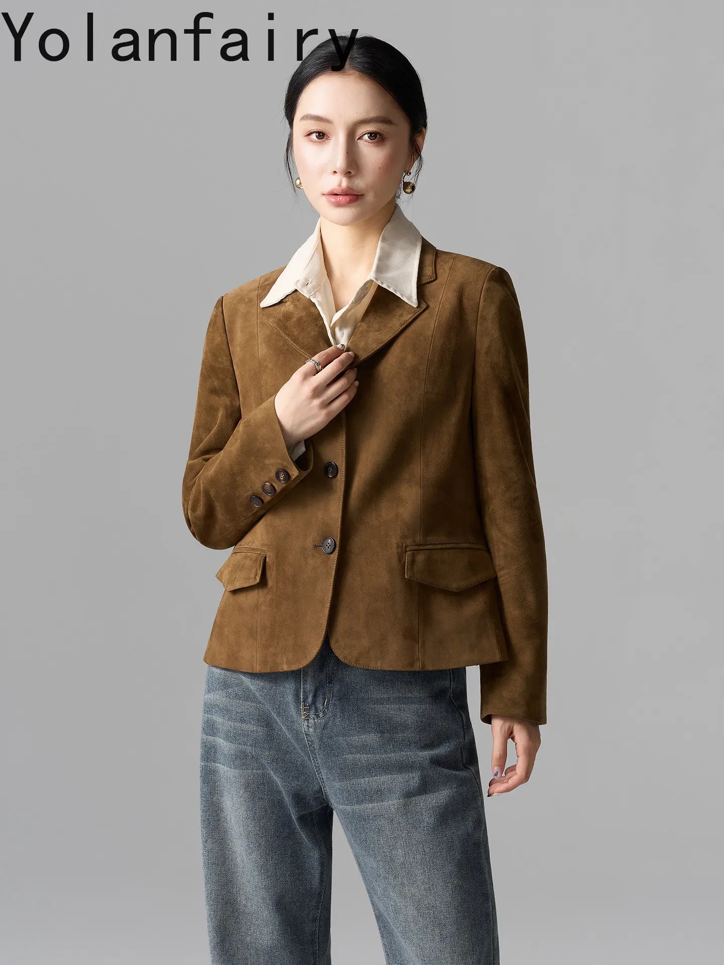 YOLANFAIRY Luxury Suede Sheepskin Genuine Leather Jacket Women High Quality Woman Real Leather Coats Vintage Slim-fit Short Coat
