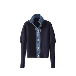 Korean Fashion Sweater Jacket Spring Denim Patchwork Knitted Cardigan Turn-Down Collar Single Breasted Vingtage Knit Coat X1123