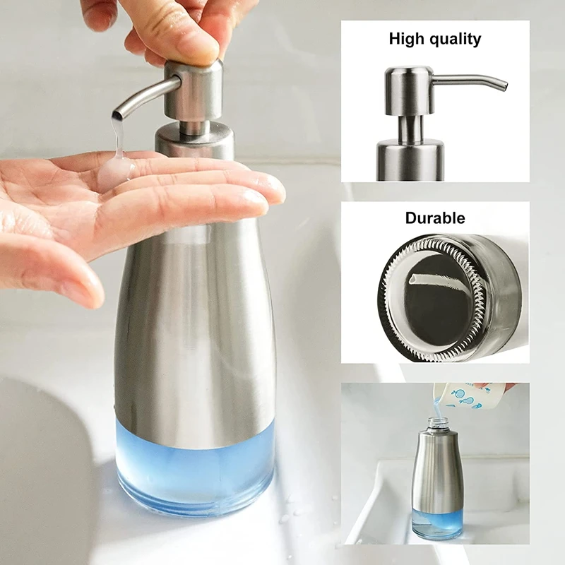 Soap Dispenser,Brushed Nickel Stainless Steel Case Glass Liner Hand Pump Dispenser,Refillable Liquid Hand Soap Dispenser