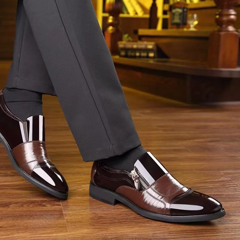 Fashion Business Zipper Footwear Casual Comfort Male 2026 Men's Leather Shoes Sharp Pointed Outdoor Anti Slip Flat