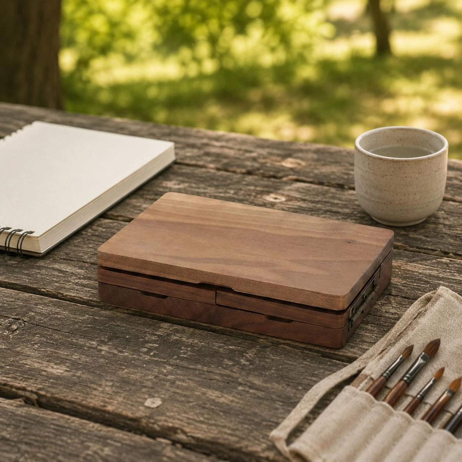 Paint Box with Wells Flat Profile Wooden Paint Box Rectangular Vintage Design for Artists, Travel