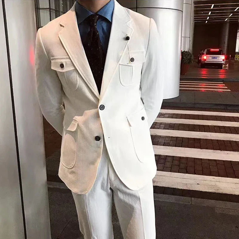 Witte Casual Mannen Pakken Voor Bruidsjonkers 2-delige Bruiloft Smoking Met Notched Revers Custom Man Mode Kostuum Jas Met Broek