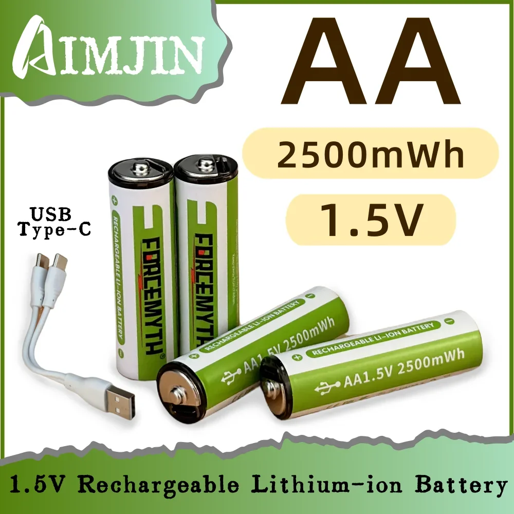 

AA 1.5V 2500mWh Rechargeable Lithium Battery Type C USB Charging Suitable for Remote control, flashlight, electric toy etc