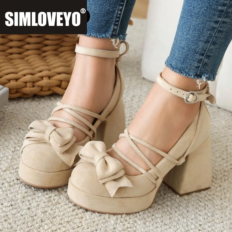 

SIMLOVEYO Женские туфли-лодочки в стиле Лолиты 32 33 Круглый носок на массивном высоком каблуке 9 см Платформа с бантом и ремешком на щиколотке Большой размер 44 45 Милые туфли