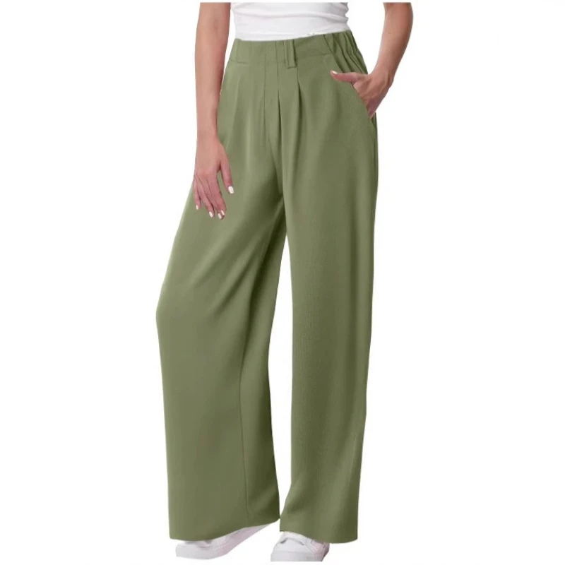 Women's Solid Color Pants with Pocket Elastic Waist Straight Tube Loose Stretch Pants Wide Streetwear Joggers Baggy Long Pants
