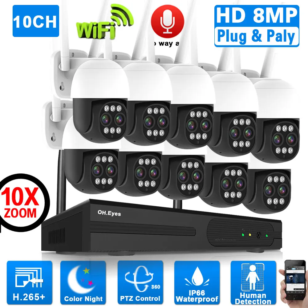 4K 10CH Wireless CCTV System 10X Zoom Outdoor Wifi PTZ IP Security Camera Video Surveillance Kit Two Way Audio 8CH Wifi NVR Ki