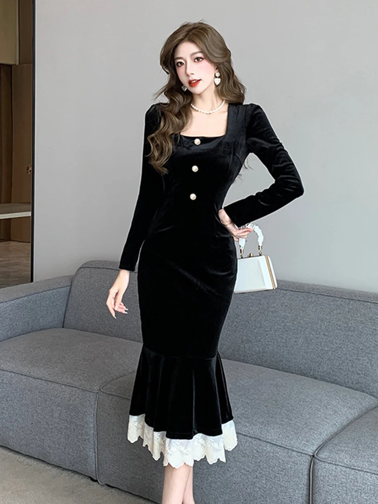 

Spring Autumn Sweet Vintage Velvet Black Mermaid Long Dresses Women Clothing Ladies Elegant Slim Dress Robe Femme Mujer Vestidos