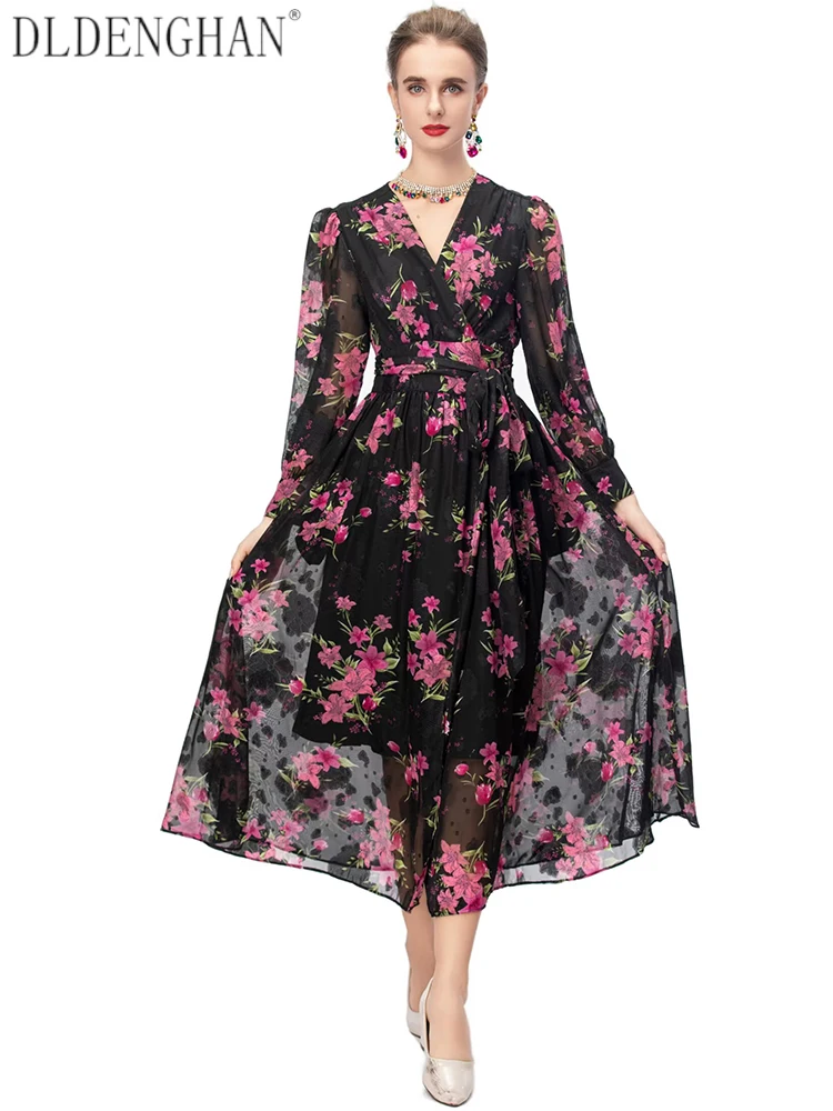 DLDENGHAN ชุดเดรสคอวีผ้าแจ็คการ์ดสำหรับผู้หญิงแขนทรงโคมพิมพ์ลายวินเทจแฟชั่นฤดูใบไม้ร่วงสำหรับผู้หญิง