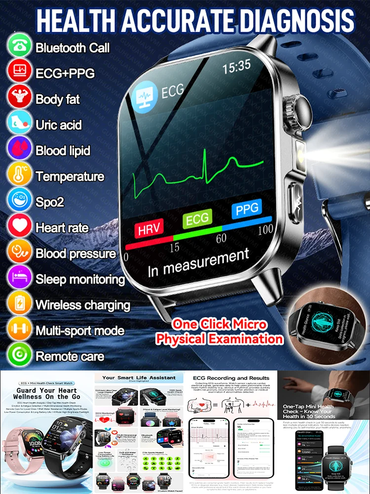Neue Smartwatch für Männer mit präziser Gesundheitsdiagnose, EKG, Blutdruck, Blutsauerstoff, Blutfett, Harnsäure, Temperatur, Bluetooth-Anruf.