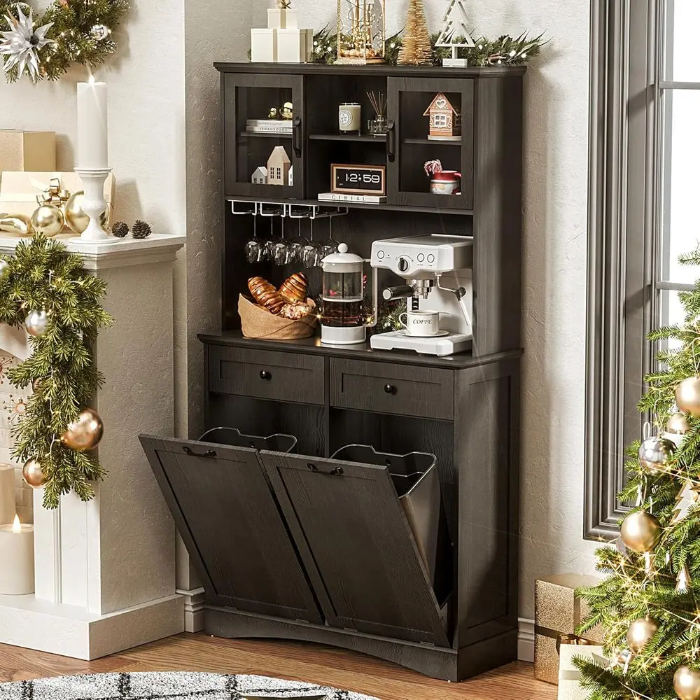 

Adjustable Shelf Kitchen Trash Cabinet, 26 Gallon Wooden Storage for Living & Dining Rooms - Black