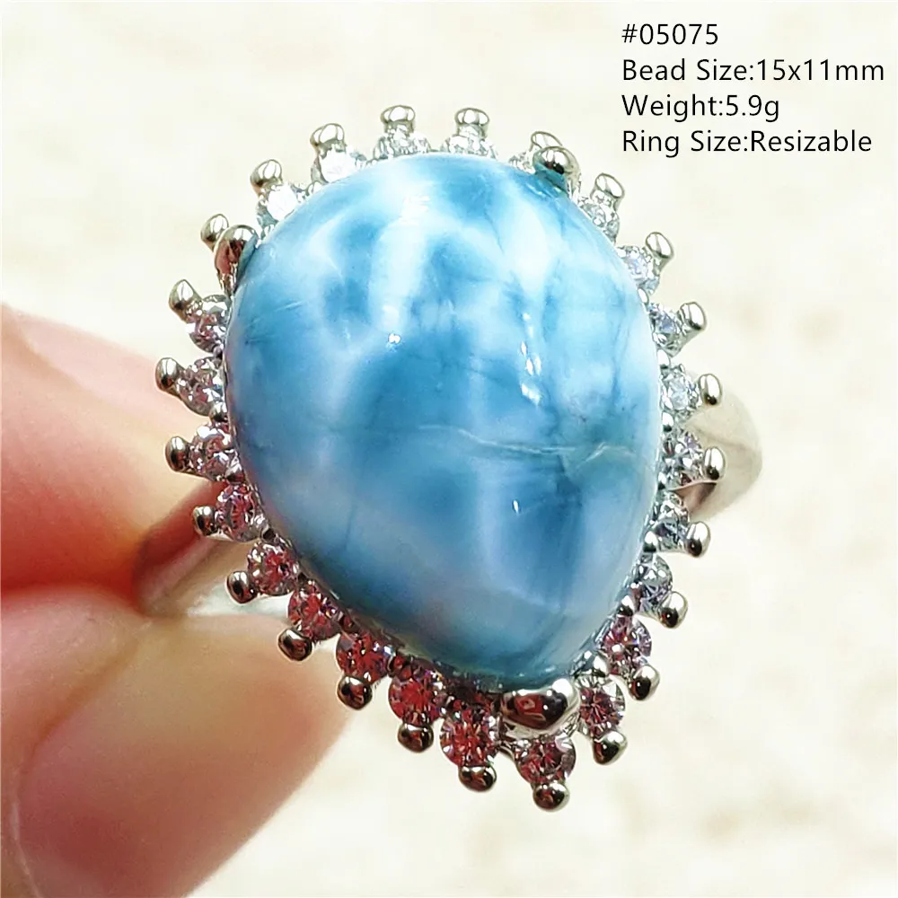 Natural Blue Larimar Adjustable Ring 925 Sterling Silver Larimar Gemstone Women Men Water Pattern AAAAA