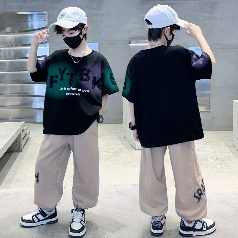 2026 Spring Boys Clothes Children Set Teenager Letters Loose Short Sleeve Top T-Shirt + Long Pants 4 8 10 12 14 Year Tracksuit