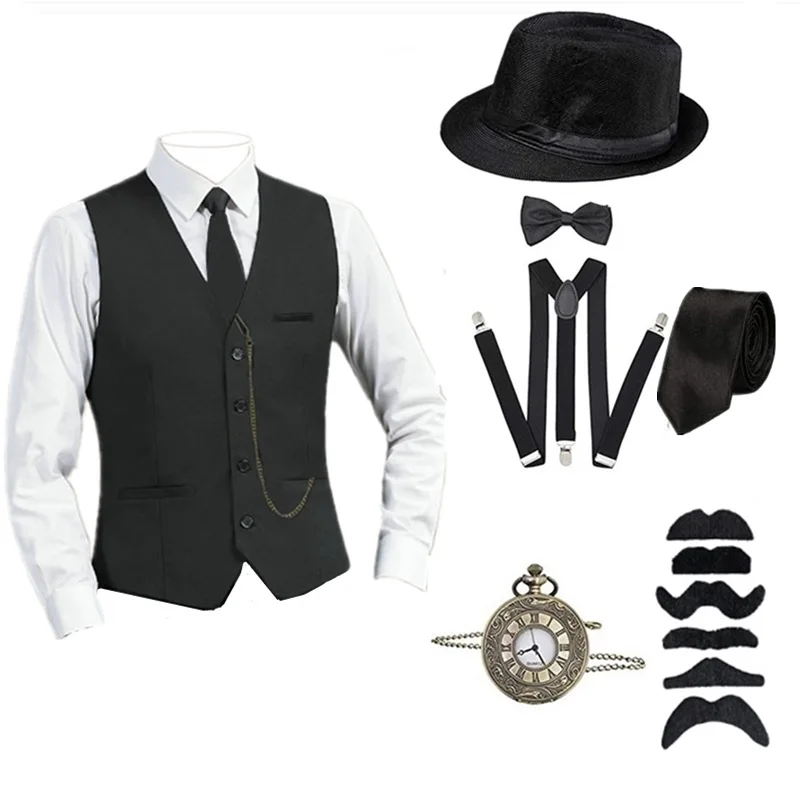 8 pz set 1920s uomini accessori Set Steampunk gilet Gangster gilet orologio da tasca Gatsby Cosplay barba disfraces camicia cappello 6XL