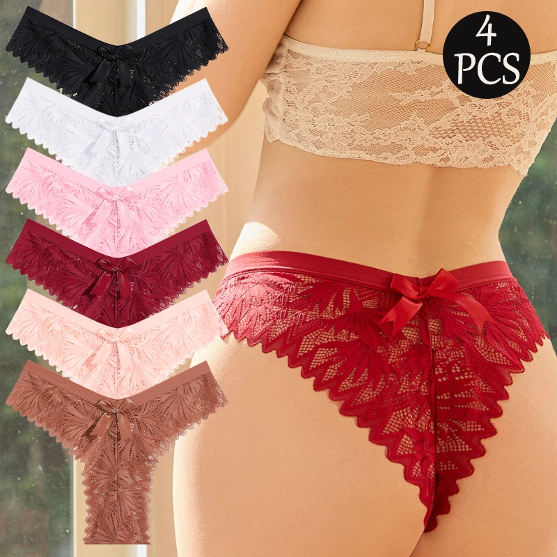 4-teiliges Set Damen Sexy Spitzen-Slip mit Schleife, Einfarbige Transparente Bikini-Unterwäsche, Atmungsaktive Damenunterwäsche