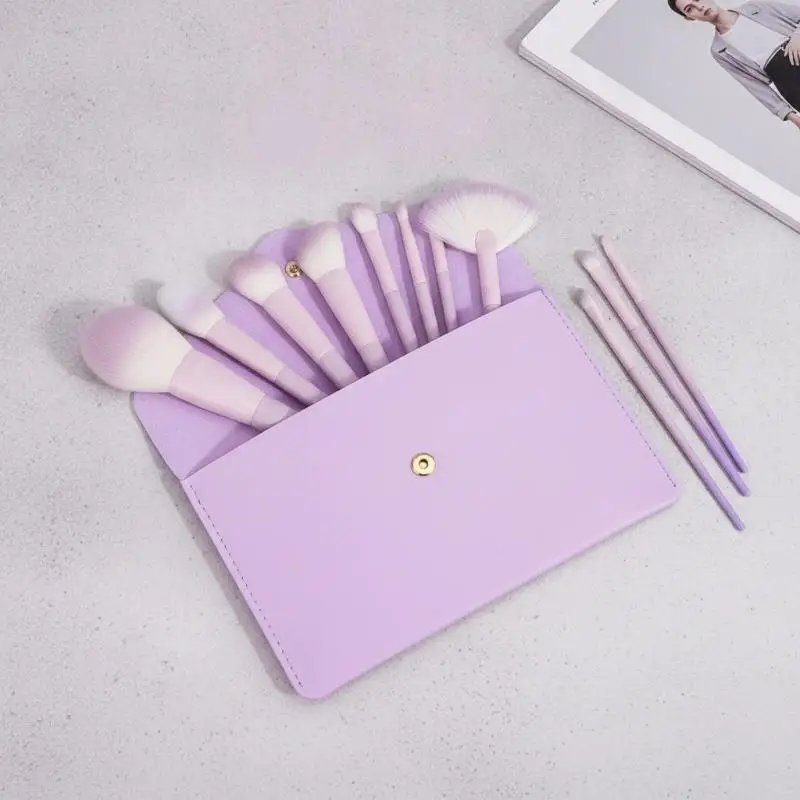 Gradient Pink-Purple 10-Piece Makeup Brush Set Cruelty Free Synthetic Bristles Portable for Travel Makeup Touch Up