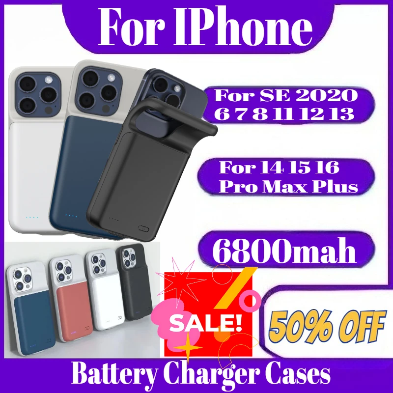 

NEW 6800mah Phone Battery Case For IPhone SE 2020 6 7 8 11 12 13 14 15 16 Pro Max Plus External Battery Portable Charger Battery