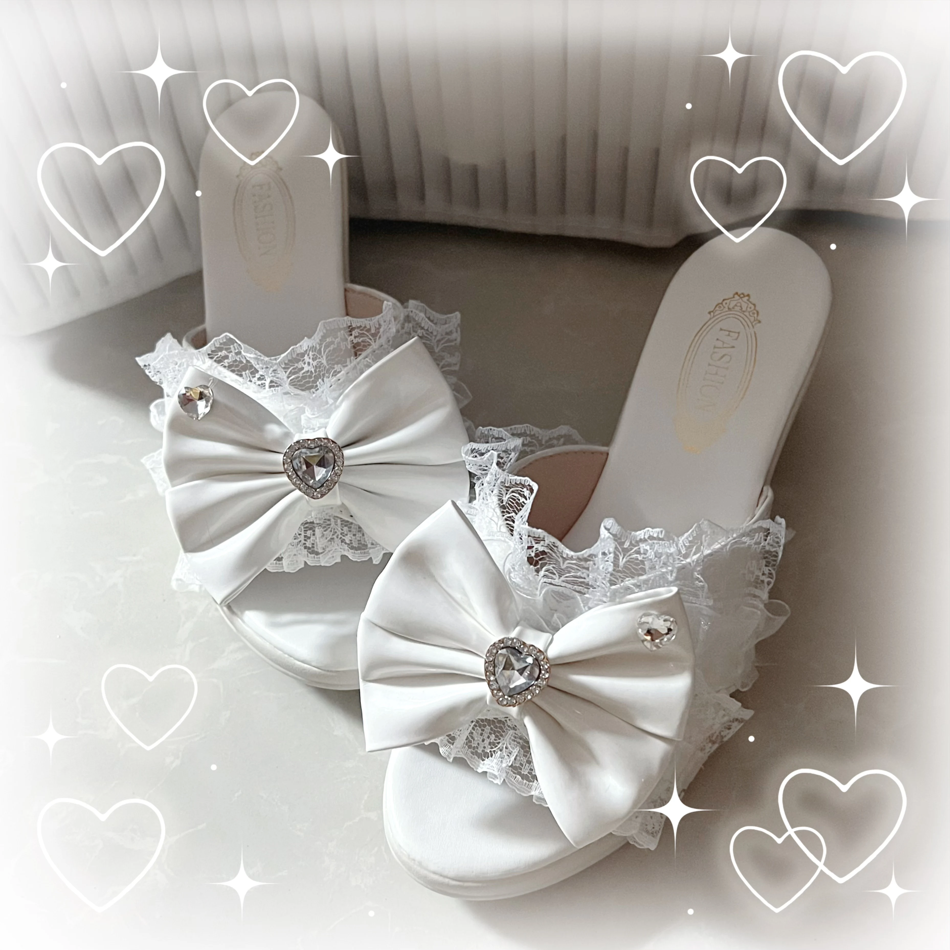 Japanese mass produced lace bow rhinestone sweet cute lolita high heels summer slippers temperament kawaii shoes slippers women image 3
