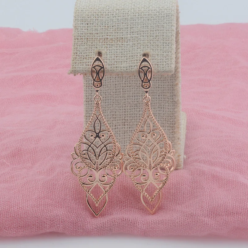 FJ Women Big Long 585 Rose Gold Color Weaving Flowers Earrings Jewelry