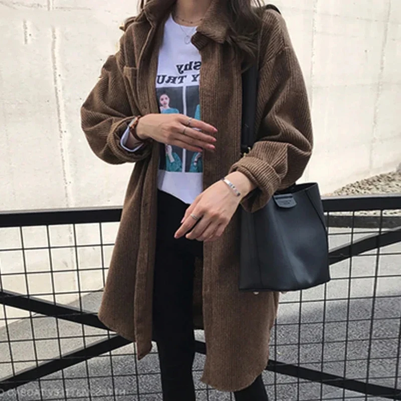 

Corduroy Shirts For Women Spring Autumn Korean Fashion Simple Solid Long Shirts Loose Casual Daily Outwear Blouse Femme Blusas