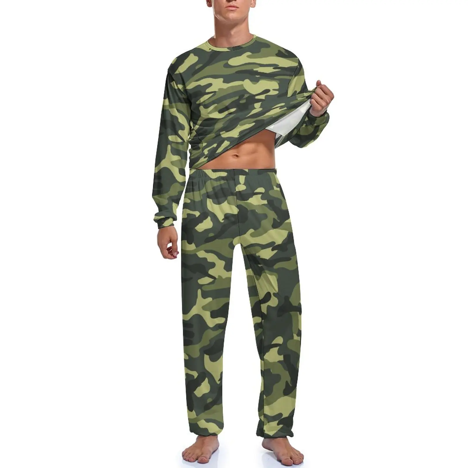 Green Camo Army Pajamas Classic Camouflage Men Long Sleeve Cool Pajama Sets 2 Pieces Sleep Spring Graphic Sleepwear Gift Idea