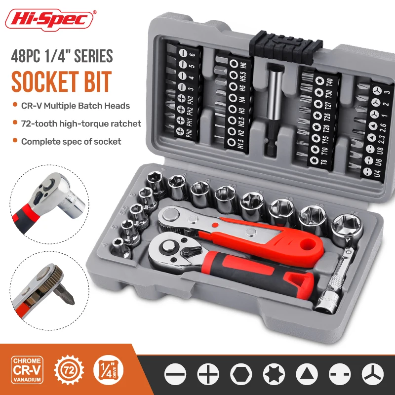 Juego de llaves de trinquete Hi-Spec 126 en 1, llave de tubo ajustable 1/4, juego de puntas de destornillador CRV, Kit de herramientas de reparación de automóviles manuales para el hogar