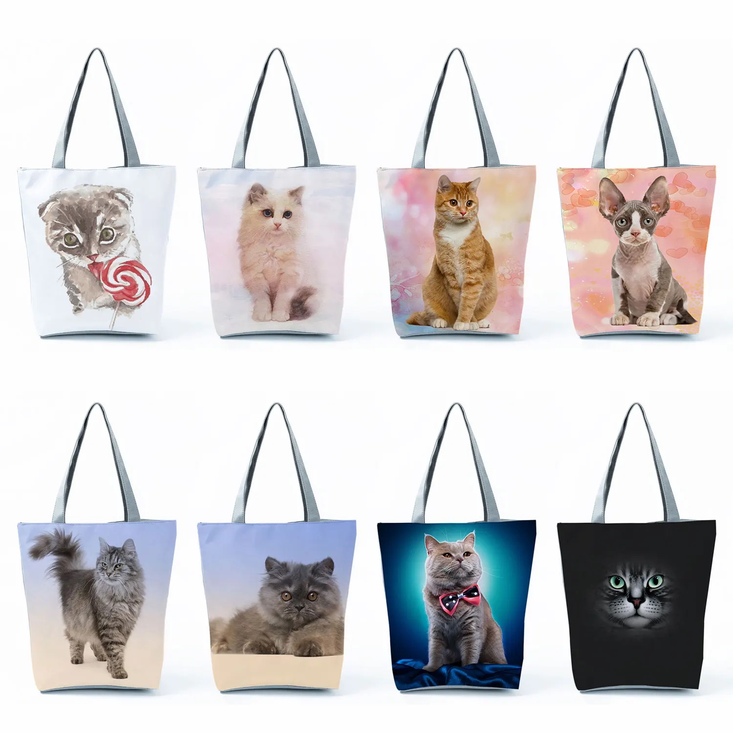 Cute Cat Print Handbags High Capacity Casual Women Office Totes Cartoon Animal Graphic Shopping Bags Foldable Travel Beach Bags