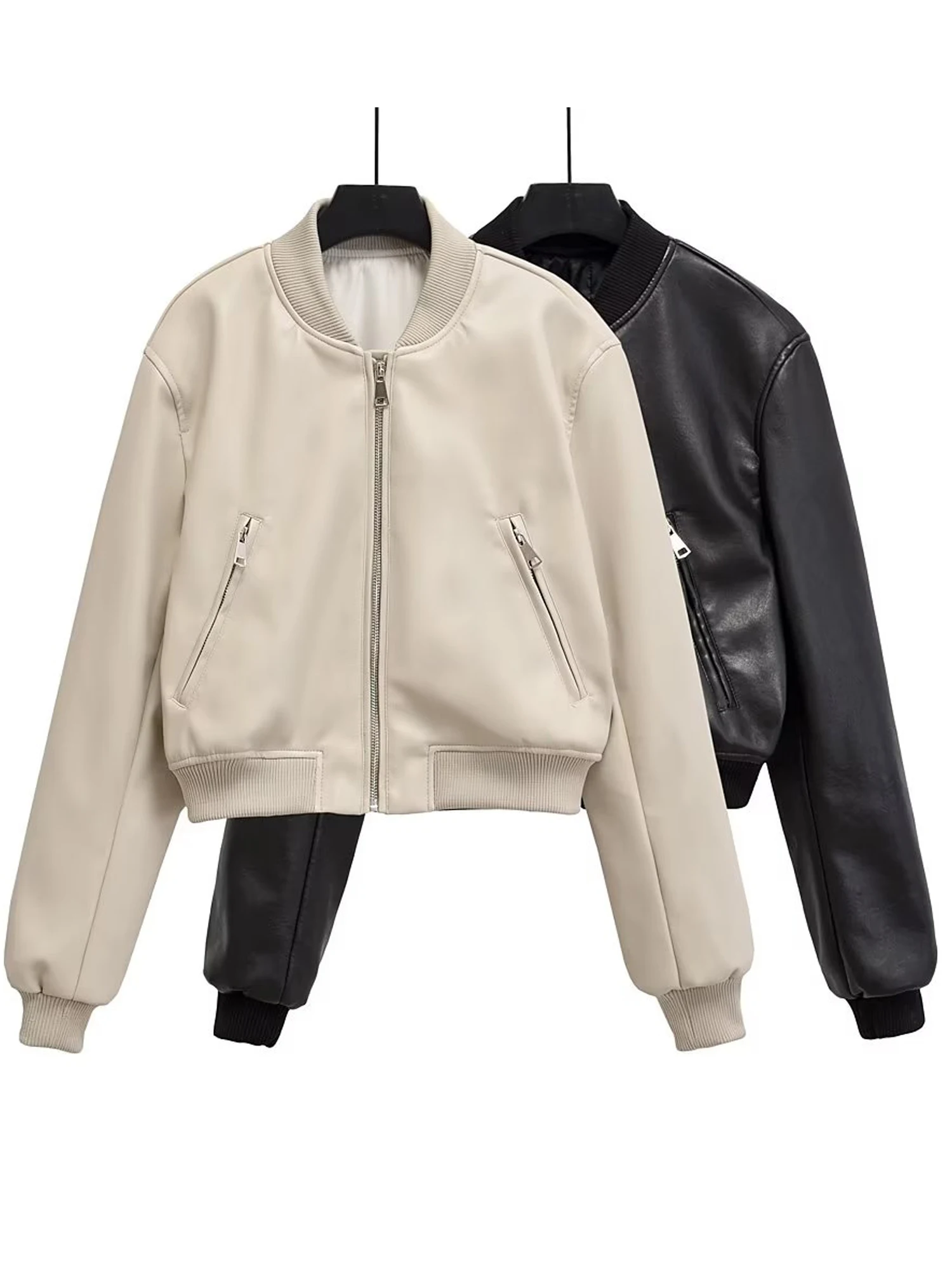 Primavera autunno Beige nero Slim risvolto manica lunga donna giacca corta in pelle Fuax cappotto femminile giacca da motociclista in pelle PU Streetwear