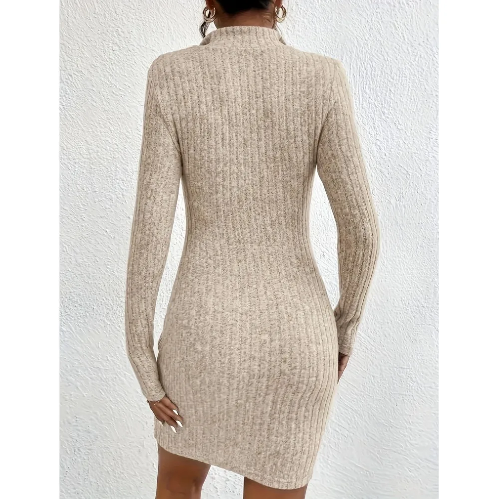 Autumn Winter New Solid Color Versatile Sweater Vertical Pit Strip Women's Dress Fashion Slim Slim Zipper Lapel Hip Dress Female