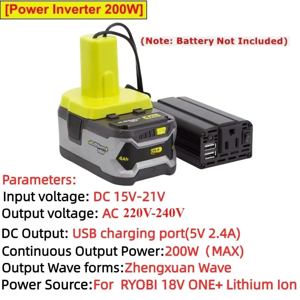 200W Portable Power Inverter Outlet Adapter For RYOBI 18V ONE+ Lithium Ion DC 18V To AC 220V-240V Powered with Dual USB 5V2.4A